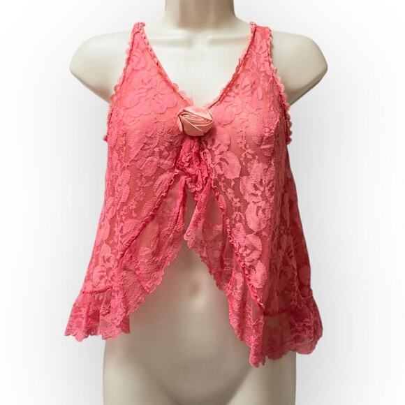 Red Lace 1960s Babydoll Cami Sleeveless Top Hand Dyed Vintage Lingerie Rosette - Picture 11 of 14